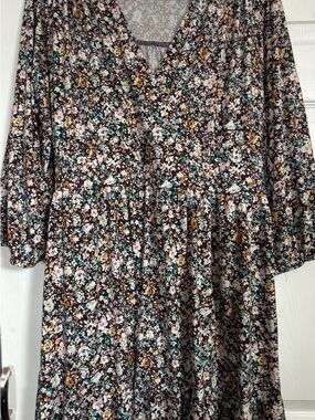 Torrid Floral V-Neck Midi Dress in Brown with Pink & Teal Accents